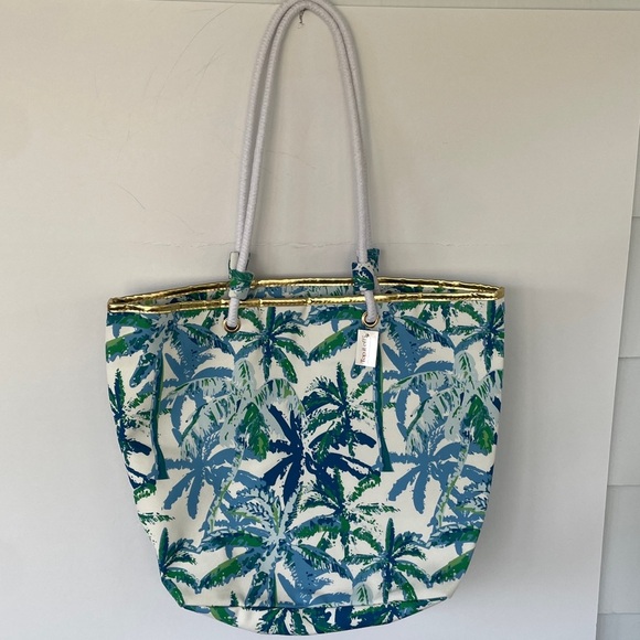 Top It Off Catalina Tote Bag Tropical Palm Print Tote Bag Blue and Green - Picture 7 of 15